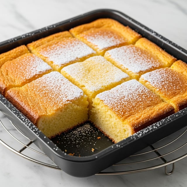 A square baked cake with a light golden-brown crust sits in a black pan, cut into nine even square pieces. The top layer is soft and slightly fluffy with a pale yellow color, dusted lightly with powdered sugar that adds a touch of white contrast. The edges of the cake are darker, showing a crisp texture, while the center pieces look moist and tender. The pan rests on a round cooling rack over a white marbled surface, giving a clean and fresh look. photo taken with an iphone --ar 4:5 --v 7