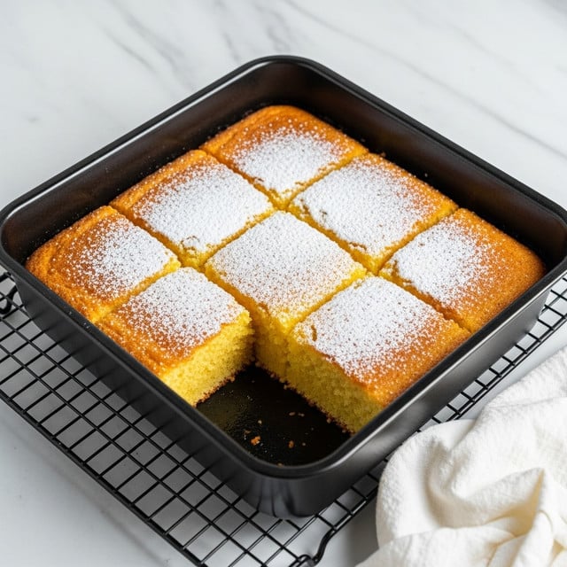 A square black baking pan filled with a baked golden-yellow cake cut into nine thick square pieces, with a slightly browned crust around the edges and a soft, moist texture inside, lightly dusted with white powdered sugar on top; it rests on a black cooling rack over a white marbled surface with a white cloth nearby. photo taken with an iphone --ar 4:5 --v 7