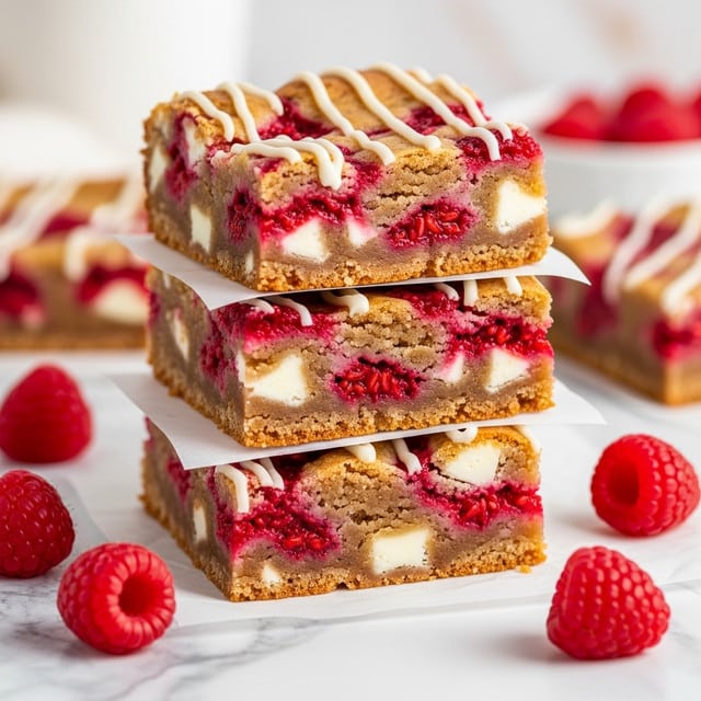 A stack of three thick, square blondie bars sits on white parchment paper over a white marbled surface, each bar showing a dense, soft texture filled with white chocolate chunks and swirls of bright red raspberry bits that create a marbled effect. The top of the uppermost bar is drizzled with thin lines of white icing. Around the stack, there are a few whole fresh raspberries adding splashes of rich red color. The background features a blurred white and beige setting, giving the image a soft, clean, and bright look. photo taken with an iphone --ar 4:5 --v 7