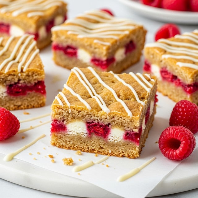 The image shows a close-up of several square dessert bars on white parchment paper placed on a white marbled surface. Each bar has two visible layers: a golden-brown cookie or blondie base mixed with red berry bits and white chunks, and a top layer featuring a thin drizzle of white icing in diagonal lines. The textures appear soft and slightly crumbly, with small crumbs and a few loose white icing streaks on the paper. There are fresh red raspberries placed around the bars, adding a bright pop of color. In the background, part of a white plate with more raspberries is partially visible. photo taken with an iphone --ar 4:5 --v 7