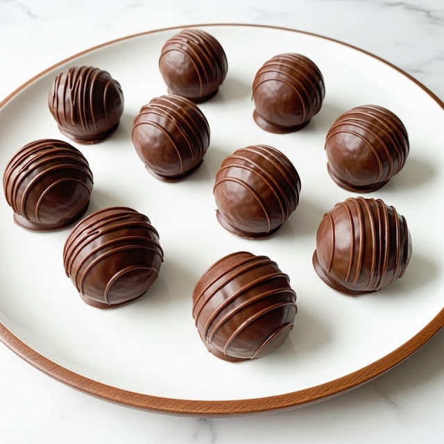 Several round chocolate-covered balls are spread evenly on a large white plate with a dark wooden rim, placed on a white marbled surface. Each ball has a shiny, smooth dark brown chocolate coating with light swirls and slight texture variations on the surface. The balls are arranged loosely in no distinct pattern, showing their slightly imperfect handmade look. photo taken with an iphone --ar 4:5 --v 7