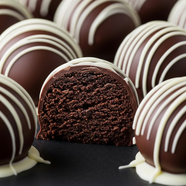 The image shows round chocolate truffles on a dark surface, each coated in a thick layer of dark chocolate with smooth white chocolate drizzled over the top in thin stripes. One truffle is cut in half in the center, revealing a dense, dark, and slightly crumbly chocolate cake-like interior with a rough texture. The outer white chocolate coating looks smooth and creamy, contrasting with the richer, matte dark chocolate layer underneath. The truffles are close together, with a sharp focus on the cut piece and a soft blur on the others behind it. photo taken with an iphone --ar 4:5 --v 7