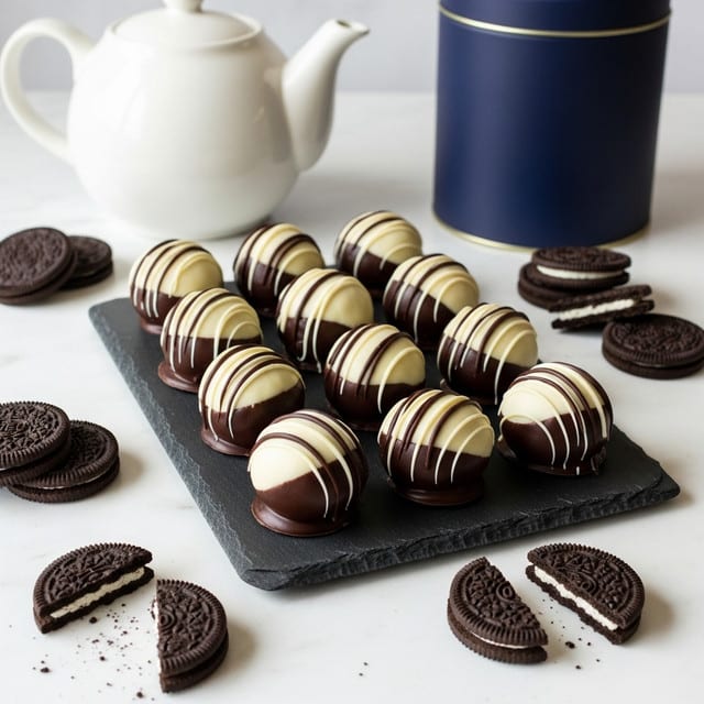 A slate black rectangular tray holds fifteen round, bite-sized treats, each covered in a smooth mix of dark and white chocolate, with the dark chocolate mostly on the bottom half and white chocolate drizzled in thin lines on top, creating a striped effect. Around the tray are several whole and broken chocolate sandwich cookies with cream in the middle, showing dark brown and white layers. There is a white teapot on the left side and a dark blue cylindrical container in the background on a white marbled surface. The scene looks simple and clean with nice contrasts between dark and light elements. photo taken with an iphone --ar 4:5 --v 7