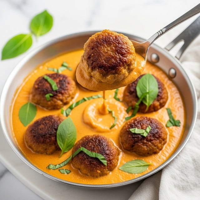 A close-up view of a round meatball with a golden-brown crust lifted by a silver spoon above a shallow pan filled with creamy orange sauce. Inside the pan, five more browned meatballs sit in the sauce, sprinkled with fresh green herb leaves, some whole and some chopped. The pan rests on a white marbled surface with a light cloth, with additional green leaves nearby. The sauce looks smooth and thick, coating the meatballs lightly. photo taken with an iphone --ar 4:5 --v 7