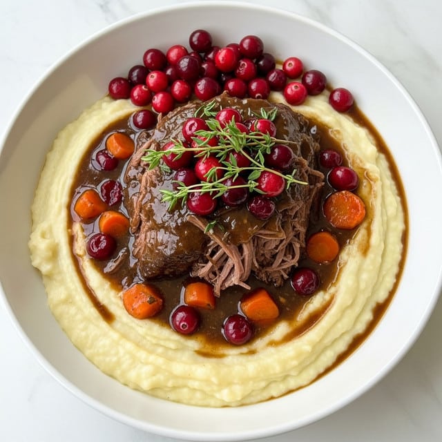 A white bowl holds a dish with three main layers. The bottom layer is creamy, pale yellow mashed potatoes with a smooth texture, covering the entire base. Above the mashed potatoes, there is a thick, dark brown gravy with visible chunks of orange carrots and red cranberries scattered throughout. On top, a large piece of dark brown, tender shredded meat is placed in the center, covered in glossy gravy. The meat is topped with a small bunch of fresh green thyme and a generous handful of bright red whole cranberries, giving a fresh, colorful contrast. The dish sits on a white marbled surface. photo taken with an iphone --ar 4:5 --v 7