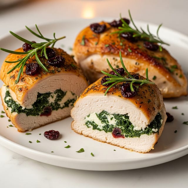 Three pieces of stuffed chicken breast are arranged on a white plate, each thick piece cut in half to reveal a filling of cooked spinach mixed with white cheese inside. The chicken skin is golden brown with a slightly crispy texture and is topped with small red dried berries and finely chopped herbs. Sprigs of fresh green rosemary are placed on top of each piece, adding a fresh and vibrant look. The plate sits on a white marbled surface with warm lighting giving a cozy feel. photo taken with an iphone --ar 4:5 --v 7
