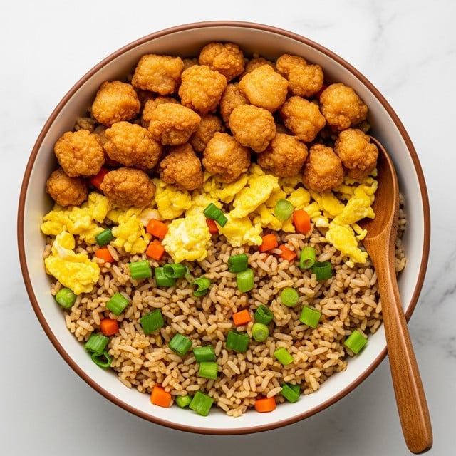 A bowl filled with fried rice that has three main layers: a base of light brown cooked rice mixed with small green chopped scallions scattered evenly, a layer of cooked scrambled egg pieces with a soft yellow color, and golden-brown fried chicken chunks spread across the top, with small diced orange carrots mixed throughout. A wooden spoon rests inside the bowl on the right side. The bowl is white with a brown rim, sitting on a white marbled surface. Photo taken with an iphone --ar 4:5 --v 7