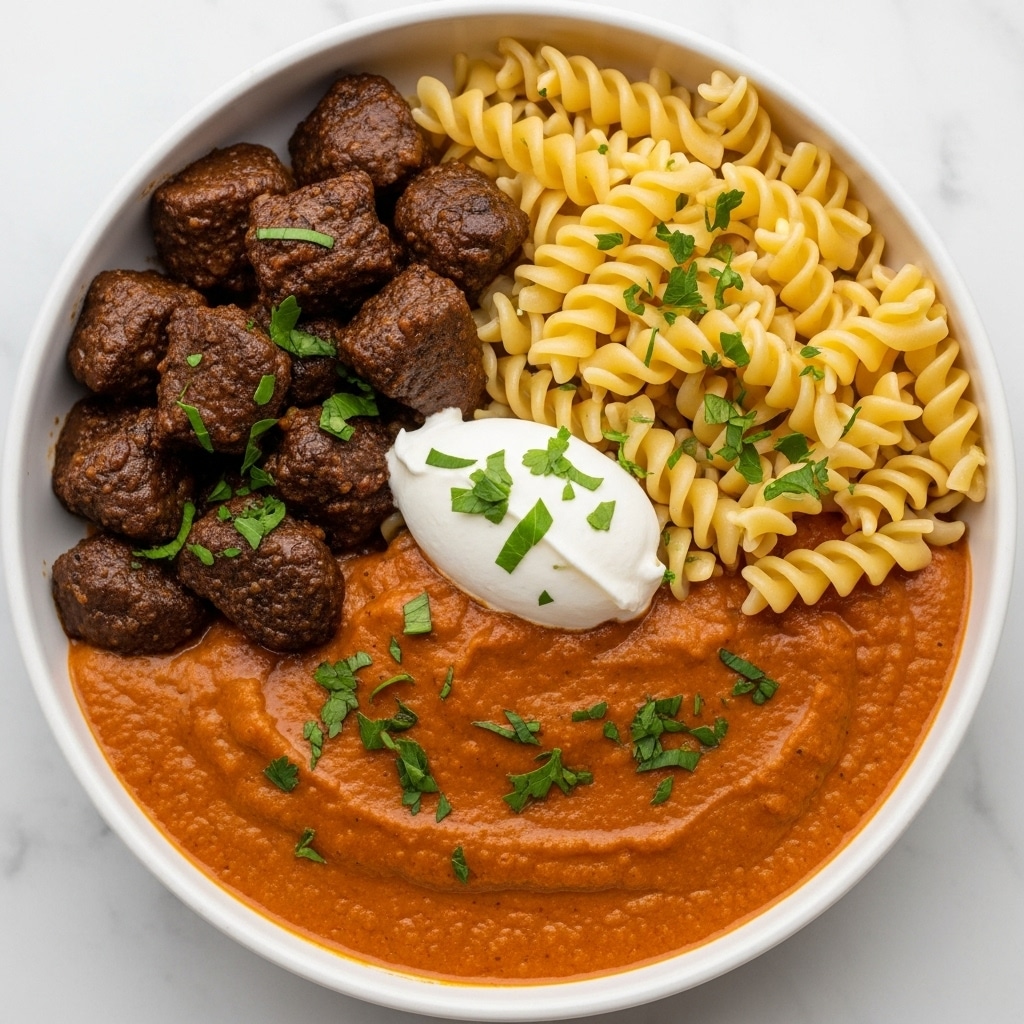 The dish is served in a white bowl filled with three main layers. The bottom layer is a smooth, rich, reddish-brown creamy sauce that fills the bowl and creates a moist base. On one side of the bowl, there are tender chunks of dark brown meat coated in the sauce. Next to the meat is a small dollop of white cream or sour cream placed in the center, adding contrast. On the other side, there is a serving of yellowish spiral pasta with a firm texture. Both the meat and pasta are sprinkled evenly with finely chopped green herbs, adding a fresh touch. The bowl rests on a white marbled surface. photo taken with an iphone --ar 4:5 --v 7