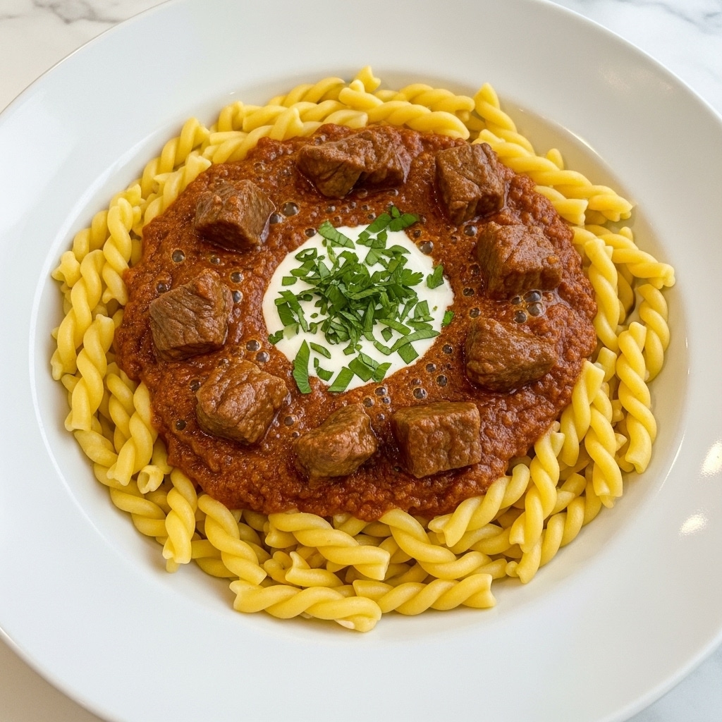 The dish is served in a white bowl with a deep base, placed on a white marbled surface. It has three main layers: the outer layer is a ring of yellow twisted pasta spirals with a smooth, slightly shiny texture, surrounding the rest of the dish. Inside the pasta ring is a rich, thick reddish-brown sauce with visible small bubbles and chunks of tender, brown meat scattered evenly. At the center, there is a dollop of creamy white sauce topped with finely chopped fresh green herbs, adding a fresh, textured contrast. The colors are warm and inviting with a mix of earthy and creamy tones. photo taken with an iphone --ar 4:5 --v 7