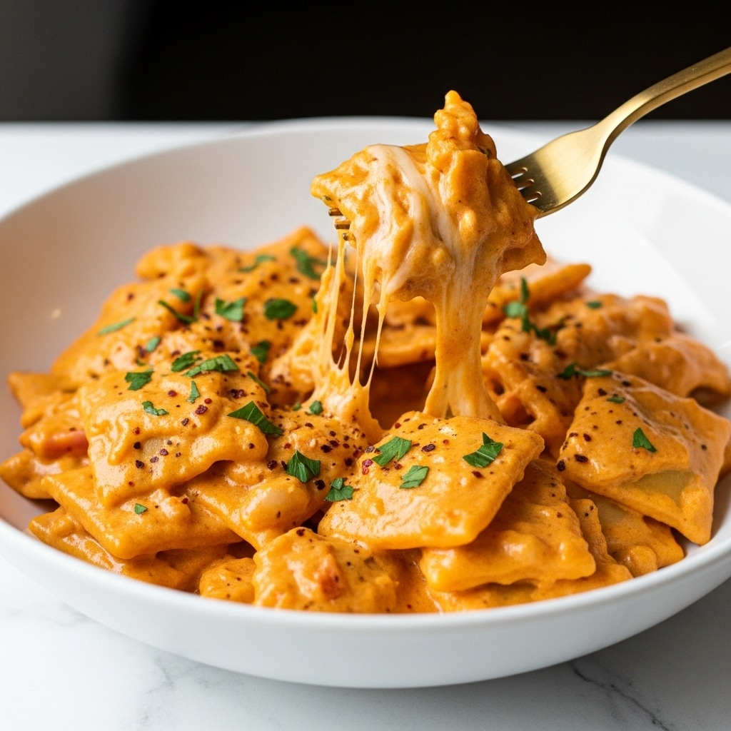 A white bowl filled with square-shaped pasta pieces covered in a thick orange creamy sauce with red specks and green chopped herbs scattered evenly on top. One piece of pasta is lifted by a gold fork, showing melted cheese stretching between the fork and the other pasta in the bowl. The pasta looks soft and coated fully in the rich sauce. The bowl rests on a white marbled surface with a blurred dark background. photo taken with an iphone --ar 4:5 --v 7