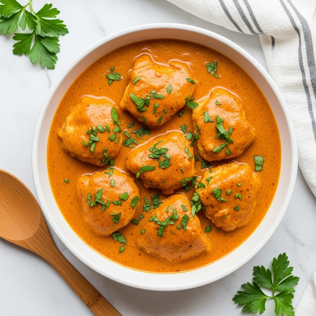 A white bowl filled with six pieces of chicken covered in a thick, orange-brown creamy sauce, sprinkled with chopped green herbs on top. The sauce has a smooth texture with visible spices mixed throughout. The bowl is placed on a white marbled surface next to a wooden spoon and scattered parsley leaves. The background includes a white and grey striped cloth. photo taken with an iphone --ar 4:5 --v 7