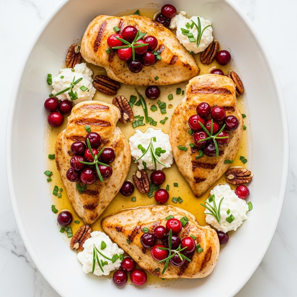 A white oval dish holds four golden-brown grilled chicken breasts arranged in a row, each topped with bright red cranberries and fresh green rosemary sprigs. Underneath the chicken, there are fluffy white dollops of cheese, scattered pecans, and a drizzle of glossy sauce that pools slightly at the bottom. Small flecks of green herbs are sprinkled over the dish, adding a fresh touch. The background is a white marbled texture. photo taken with an iphone --ar 4:5 --v 7