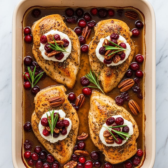 The image shows a baking dish filled with four golden-brown chicken breasts arranged in two rows. Each chicken piece is topped with a dollop of white creamy cheese, dark red cranberries, toasted pecans, and a fresh green rosemary sprig. The chicken is coated with herbs and spices, sitting in a glossy, rich sauce dotted with whole cranberries. The baking dish is placed on a white marbled surface. photo taken with an iphone --ar 4:5 --v 7