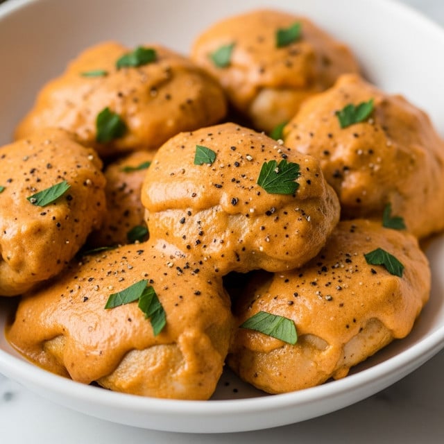 A close-up image of a creamy chicken and mushroom dish served in a deep black bowl filled almost to the top. The base layer is thick beige sauce with a smooth and rich texture, covering the entire bowl. On top sit several golden-brown, seared chicken pieces with a slightly crispy surface, partially submerged in the sauce. Among the chicken are halved mushrooms with brown caps and pale undersides, coated lightly with the sauce. Small green herb leaves, likely parsley, are sprinkled on the top for contrast and freshness. The photo is clear with natural light shining softly, highlighting the sauce's creaminess and the chicken's seared texture. The bowl is placed on a white marbled texture. Photo taken with an iphone --ar 4:5 --v 7