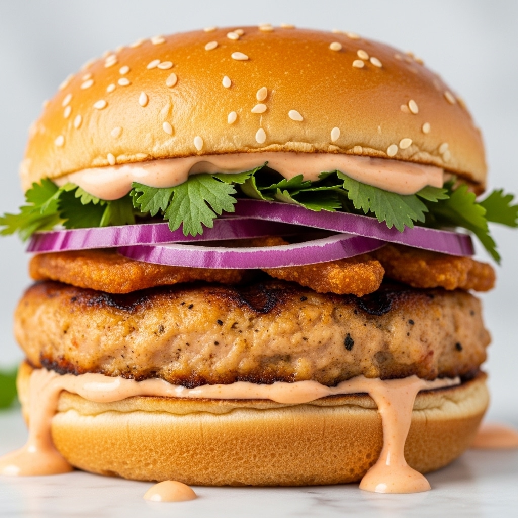 A close-up of a sandwich having four layers inside a soft sesame seed bun, with the bottom bun toasted light brown. The first layer is fresh green cilantro leaves peeking out, followed by thin slices of purple onion with a crunchy texture. On top of the onions, there is a golden-brown grilled chicken patty, juicy and slightly crispy on the edges. The top layer is a smooth pink-orange creamy sauce that drips down the sides, with some sauce drops on a white marbled surface under the sandwich. Photo taken with an iphone --ar 4:5 --v 7