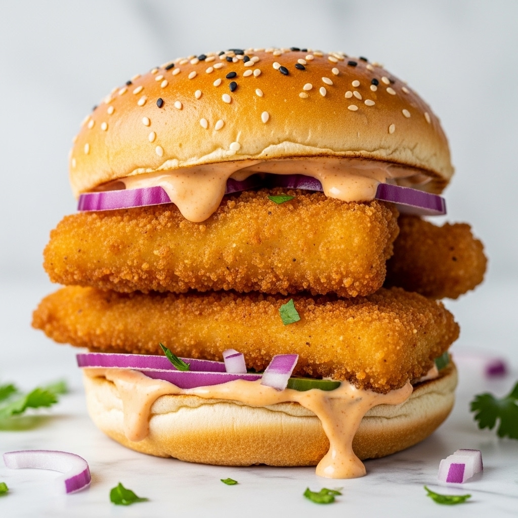 A close-up image of a sandwich showing a soft, light-brown bun with sesame seeds on top, thick golden-brown fried fish fillets stacked inside, creamy light orange sauce dripping over the fish and bun edges, small pieces of chopped purple onions both inside and around the sandwich, and bits of green herbs scattered on a white marbled surface beneath the sandwich. Photo taken with an iphone --ar 4:5 --v 7