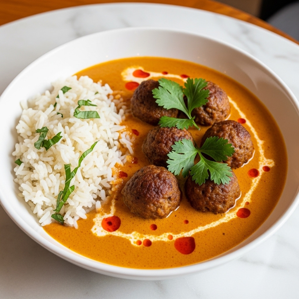 The image shows a white bowl filled with a rich, orange curry sauce covering six browned meatballs garnished with fresh green herbs on top. On the left side inside the bowl is a portion of white rice with a few small green herb pieces mixed in. The curry has a smooth and creamy texture with some small red oil spots on the surface. The bowl is placed on a white marbled textured surface, and part of a wooden table can be seen in the background. Photo taken with an iphone --ar 4:5 --v 7