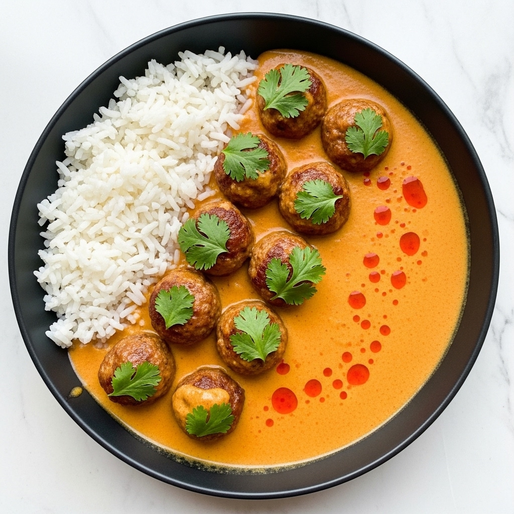 A black bowl holds a dish with two main layers; the base layer is creamy orange curry sauce with a smooth texture, topped by six round, browned meatballs scattered evenly, each covered partly with the sauce and sprinkled with fresh green cilantro leaves. One side of the bowl has a neat serving of fluffy, white rice placed in a mound, contrasting with the rich curry. Small drops of red oil float on the surface of the sauce, adding a touch of color. The bowl sits on a white marbled texture surface. Photo taken with an iphone --ar 4:5 --v 7