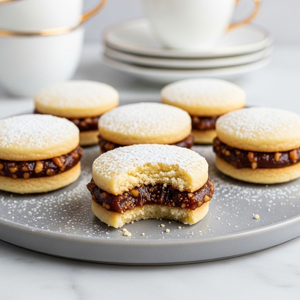 A close-up image shows small sandwich cookies arranged on a round white plate, placed on a white marbled surface. Each cookie consists of two pale yellow, smooth-textured biscuit layers with a dusting of powdered sugar on top. Between the biscuit layers is a thick, chunky filling that has a glossy, sticky texture and is dark brown in color, filling the entire space between the biscuits. The cookies are evenly spaced, and the focus is on the closest one in the center, capturing the texture contrast between the soft biscuit and glossy filling. Photo taken with an iphone --ar 4:5 --v 7