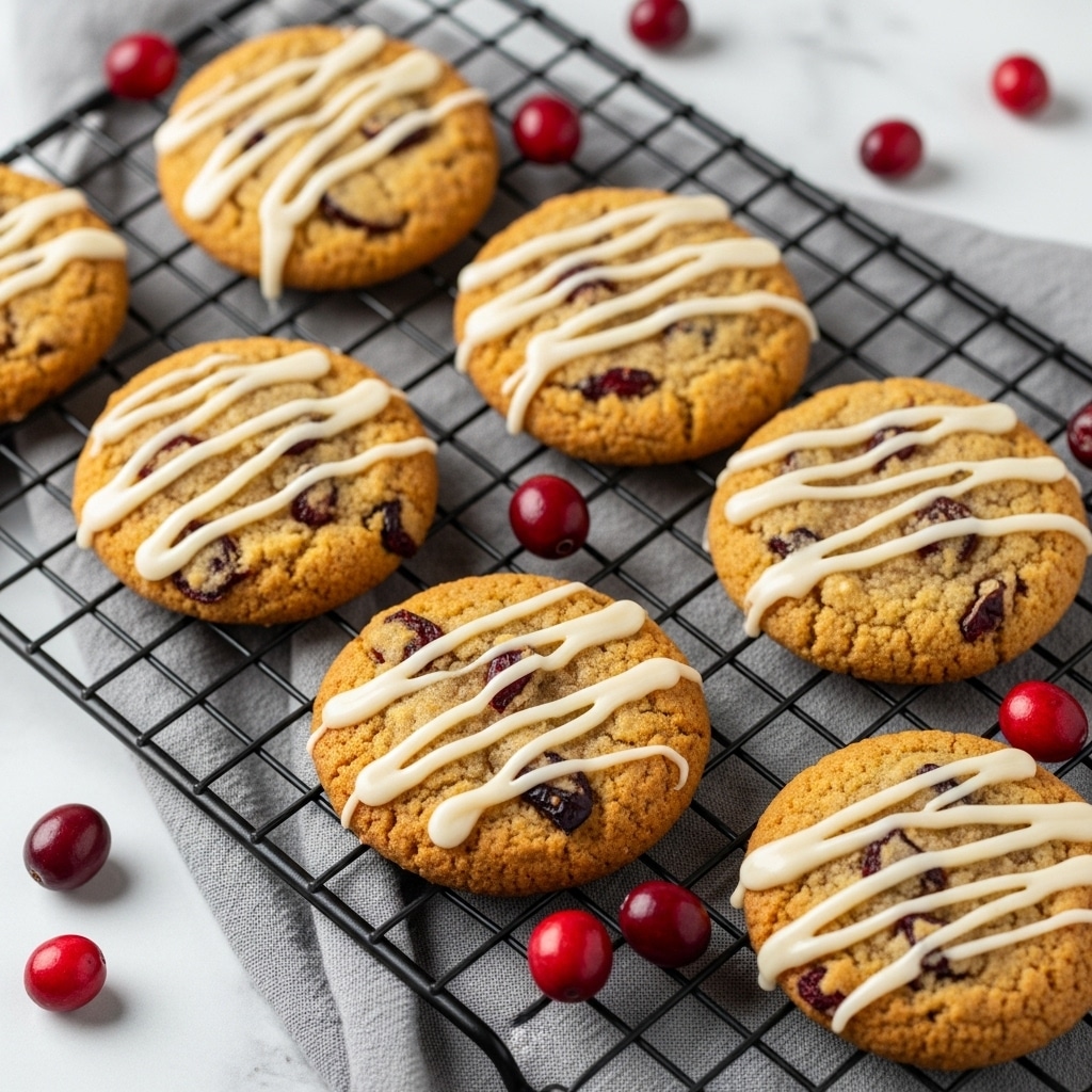 Six round cookies on a black cooling rack over a gray cloth, each cookie golden brown with whole red cranberries baked inside, topped with a smooth white glaze drizzled in stripes and sprinkled with fine white sugar crystals, all set on a white marbled surface with a small white bowl of red cranberries slightly out of focus in the background; photo taken with an iphone --ar 4:5 --v 7