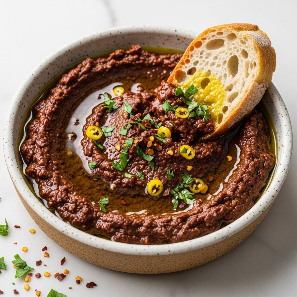 A round ceramic bowl with a speckled tan outer rim holds a thick dip made of dark red sun-dried tomatoes mixed with finely chopped green herbs and scattered yellow chili flakes, all sitting in a golden pool of olive oil. A piece of crusty bread with a golden brown crust and a soft, airy inside partially dips into the olive oil, sprinkled lightly with chopped herbs. The bowl rests on a white marbled surface, with small bits of herbs and crushed chili flakes nearby, creating a fresh and rustic look. photo taken with an iphone --ar 4:5 --v 7