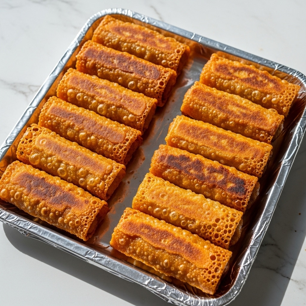 The image shows a tray covered with shiny silver foil holding two neat rows of golden brown spring rolls, each one tightly wrapped in thin crispy layers with slightly bubbled and blistered texture on the surface. The spring rolls have a rich, warm orange-brown color with some darker spots where they are more cooked, giving a crunchy appearance. The tray is placed on a white marbled textured surface, with soft natural light highlighting the different tones of the crispy skin. photo taken with an iphone --ar 4:5 --v 7