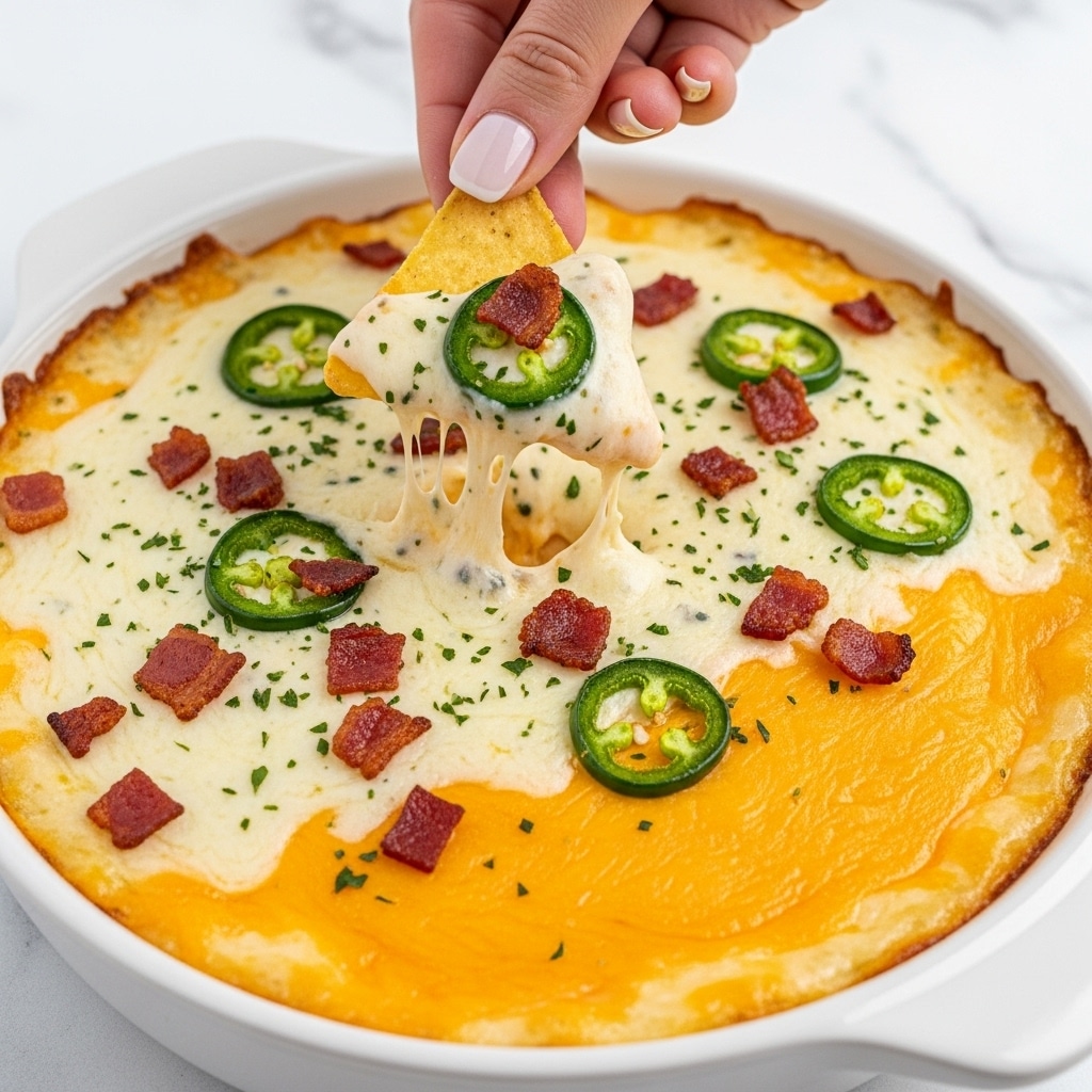 A close-up view of a cheesy dip in a white oval dish shows three distinct layers: the bottom creamy layer with herbs, the middle melted cheese layer in bright yellow-orange, and the top sprinkled with crispy dark brown bacon bits and fresh green jalapeño slices. A woman's hand with shiny silver nail polish holds a yellowish corn chip scooping the dip, which clings with creamy, cheesy textures and pieces of bacon and jalapeño. The background is a white marbled surface. photo taken with an iphone --ar 4:5 --v 7
