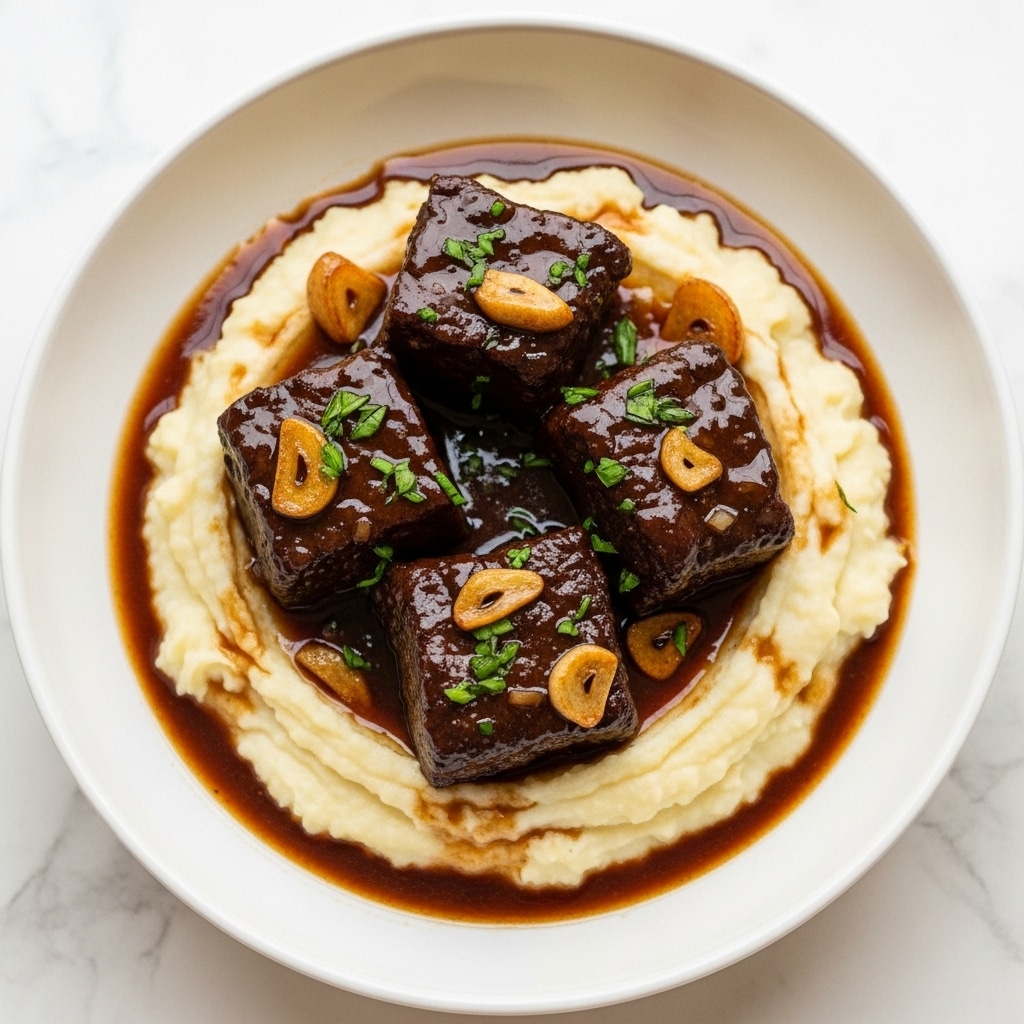 The image shows a white bowl filled with four large, dark brown pieces of braised beef, coated in a shiny, rich sauce. The beef sits in a pool of thick brown gravy with a few small whole onions nestled among the meat. Behind the beef, there is a smooth mound of creamy mashed potatoes, light yellow in color, topped with a sprig of fresh green thyme for garnish. The bowl is placed on a white marbled surface with a striped cloth partially visible on the side. photo taken with an iphone --ar 4:5 --v 7