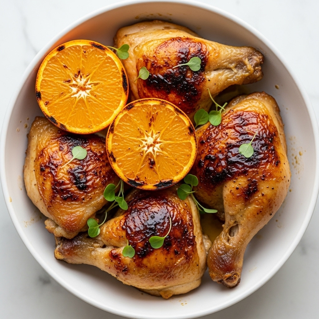 The image shows three golden brown roasted chicken pieces in a white bowl, each piece crispy and shiny with a glaze that has dark caramelized spots. Two bright orange half slices rest on top of the chicken, their juicy, slightly charred surfaces adding a fresh contrast. Small green herb leaves are scattered over the chicken and around the bowl, enhancing the look with a pop of color. The bowl sits on a white marbled surface. photo taken with an iphone --ar 4:5 --v 7