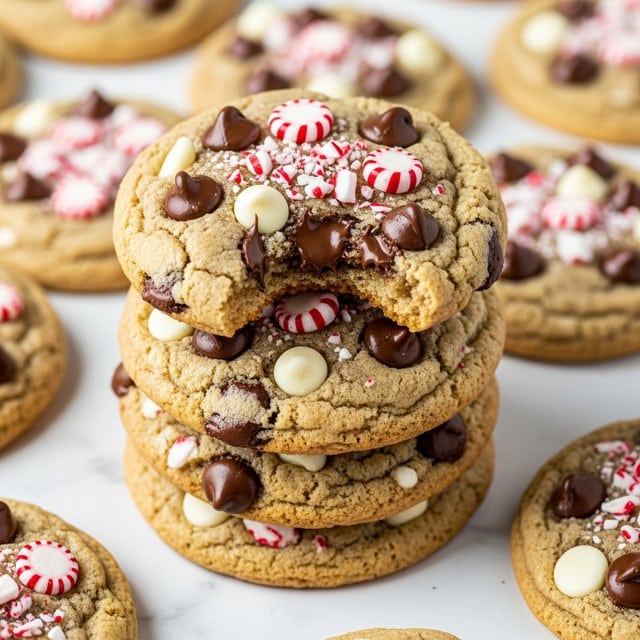The image shows a stack of soft, round cookies with a golden-brown base. Each cookie is topped with layers of dark brown chocolate chips, white chocolate chips, and small pieces of red-and-white striped peppermint candy scattered unevenly over the surface. The cookie at the top of the stack has a bite taken from it, revealing a chewy, textured inside with melted chocolate visible. The cookies are laid out closely on a white marbled surface, with more cookies visible in the blurred background. Photo taken with an iphone --ar 4:5 --v 7