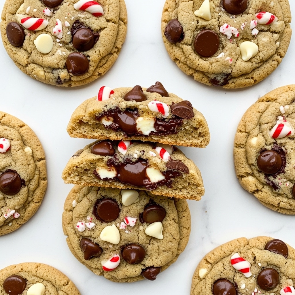 The image shows several soft, golden-brown cookies stacked and spread around on a white marbled surface. Each cookie is studded with large dark chocolate chips, smaller white chocolate chips, and pieces of red and white striped candy cane bits. The cookies have a slightly chewy texture with a few cracks on the surface. One cookie is broken in half on top of another, revealing a gooey chocolate center and bits of melted white chocolate inside. The overall look is warm and festive with the contrasting red, white, and dark brown bits popping against the light cookie dough. photo taken with an iphone --ar 4:5 --v 7