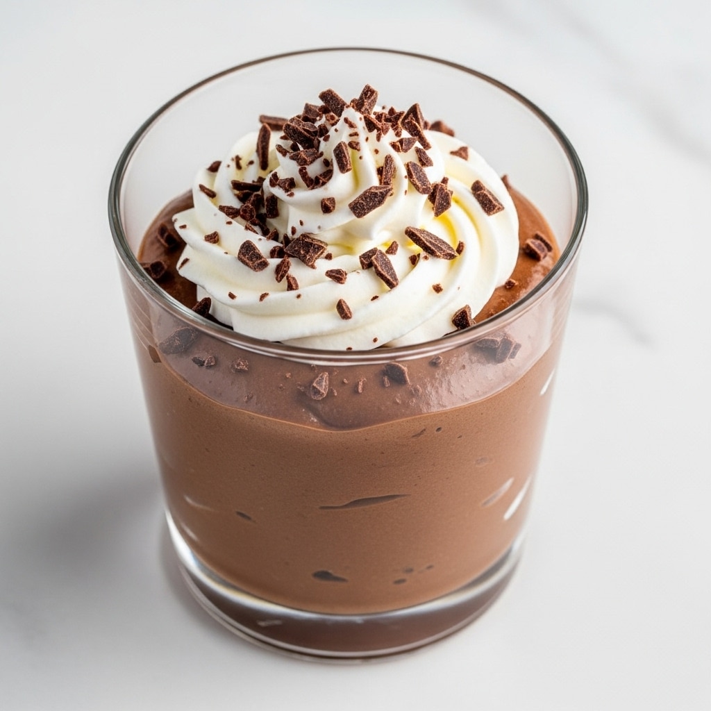 The image shows a glass filled with a thick, dark brown chocolate mousse as the base layer, with a smooth and slightly glossy texture. On top of the mousse, there is a generous dollop of white, fluffy whipped cream, creating a soft peak in the center. Sprinkled over the whipped cream are small, irregular dark chocolate shavings that add texture and contrast. The glass is placed on a white marbled surface. photo taken with an iphone --ar 4:5 --v 7