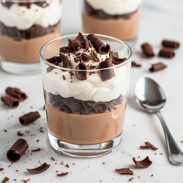 A clear glass holds a dessert with two layers: the bottom layer is smooth, light brown chocolate mousse, topped with a thick white whipped cream layer. Dark chocolate curls and shavings are scattered generously on top of the whipped cream. Smaller bits of chocolate curls are also spread around the glass on a white marbled surface. In the background, there are two more glasses with the same dessert slightly out of focus. A silver spoon is placed on the right side of the frame. photo taken with an iphone --ar 4:5 --v 7