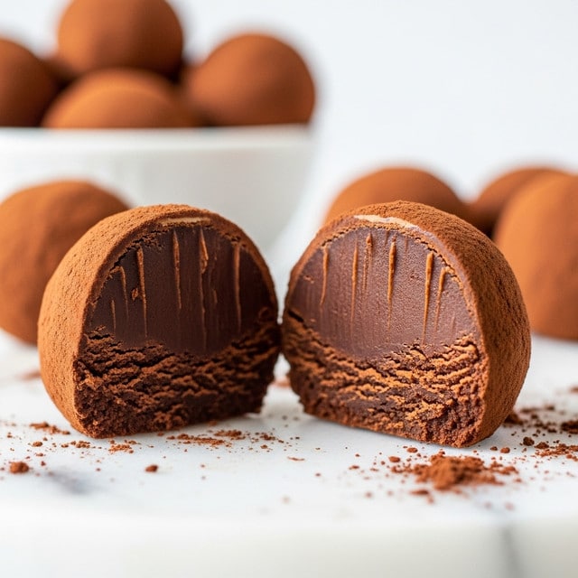 A close-up view of a single round chocolate truffle with a rough, powdery cocoa coating on the outside. The truffle is cut in half showing a dense, dark brown, creamy inside with visible textured lines from slicing. It sits on a white marbled surface dusted with some cocoa powder. In the background, there are more whole truffles slightly out of focus, arranged in a white bowl. photo taken with an iphone --ar 4:5 --v 7