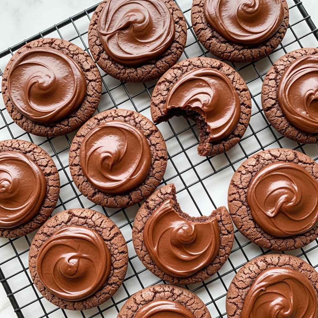 A group of round chocolate cookies arranged closely on a black wire cooling rack, placed over a white marbled background. Each cookie has a smooth, glossy dark chocolate layer swirled on top, giving a shiny and creamy texture. One cookie near the center shows a bite taken out, revealing a soft, moist interior. The cookies have a crackled surface with a rich brown color, contrasting with the darker chocolate topping. The arrangement is casual, filling the frame with a cozy, homemade feel. Photo taken with an iphone --ar 4:5 --v 7