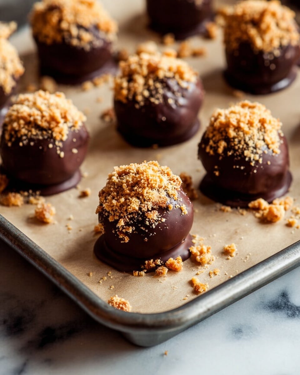 The image shows several round chocolate-covered balls arranged on a parchment paper-lined metal tray. Each ball has a smooth, dark chocolate coating on the bottom and sides, while the top is covered with a crumbly, light brown topping that looks like crushed cookies or nuts. The balls are placed closely together with some crumbs scattered around them on the parchment paper. The scene is set on a white marbled surface, making the dark chocolate and crumb topping stand out. Photo taken with an iphone --ar 4:5 --v 7