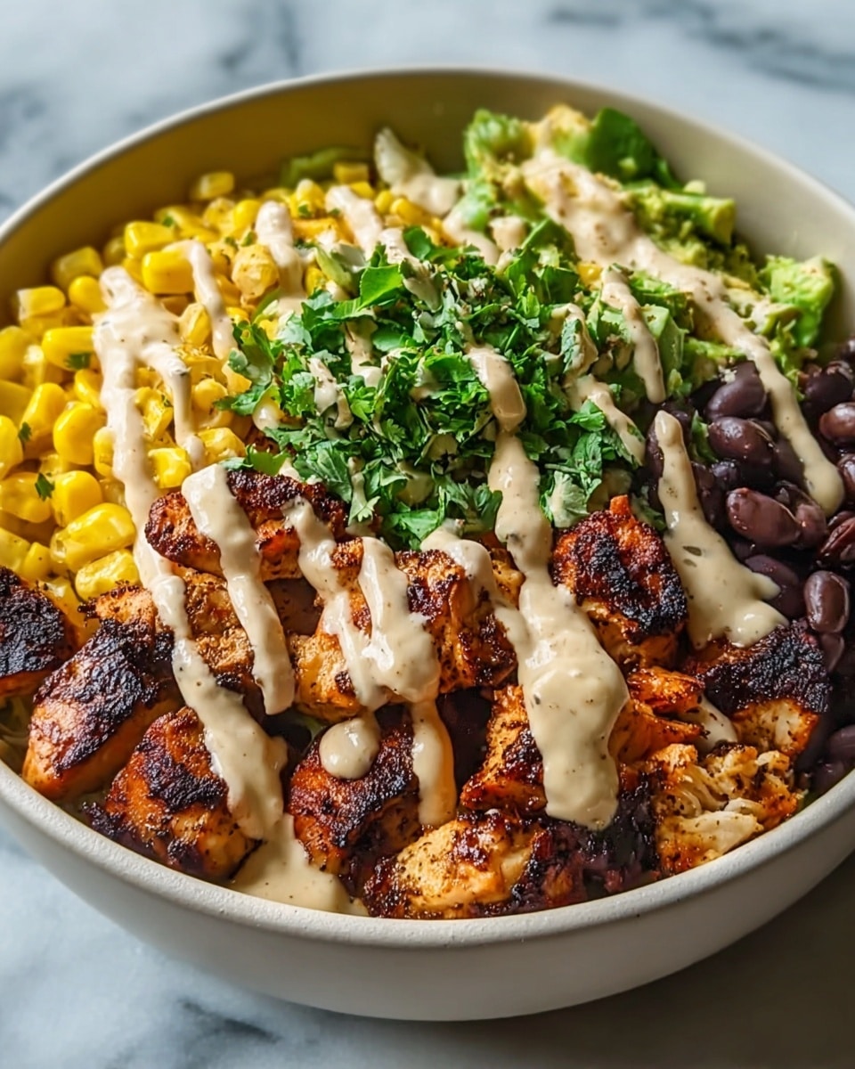 The image shows a white bowl filled with a colorful layered dish. The bottom layer has grilled chicken pieces with a charred texture, featuring a mix of brown and golden colors. Next to the chicken, there are black beans on the right side with a shiny, dark purple-black color. Above the chicken, bright yellow corn kernels fill the left side of the bowl. In the center, there is a generous amount of fresh green chopped herbs, likely cilantro, adding a fresh, leafy texture. Light beige creamy sauce is drizzled in thick lines over the chicken, beans, corn, and herbs. The bowl is placed on a white marbled surface. photo taken with an iphone --ar 4:5 --v 7