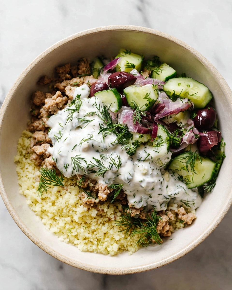 A white bowl filled with three layers: the bottom layer is light yellow cauliflower rice with a grainy texture, the middle layer is light brown cooked ground meat mixed with herbs, and the top layer is a fresh cucumber salad with dark purple olives and bits of red onion, all covered with a creamy white sauce dotted with green dill. The bowl sits on a white marbled surface with some dill sprigs around. photo taken with an iphone --ar 4:5 --v 7