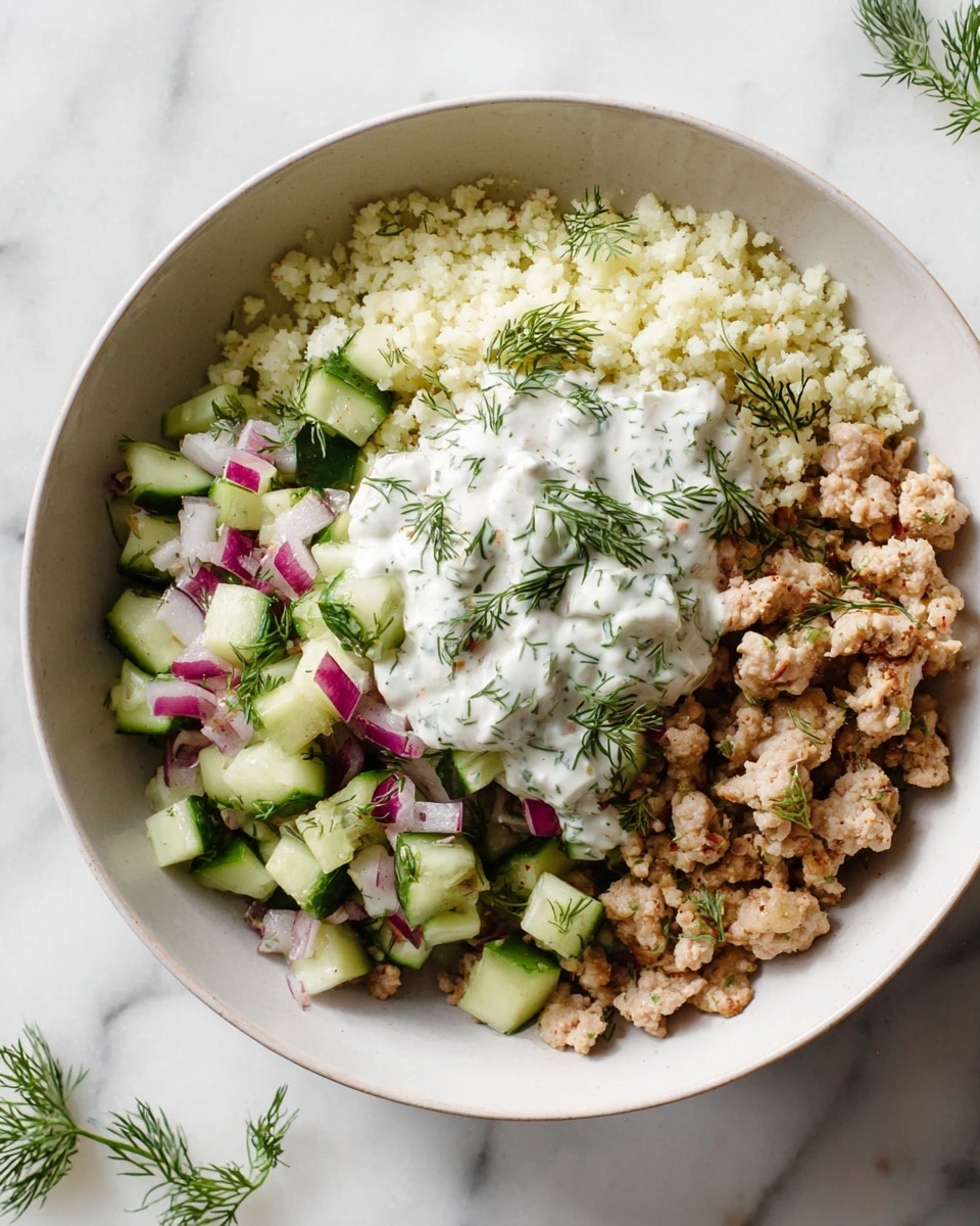A white bowl holds a dish with three main layers arranged side by side: finely crumbled light beige cooked ground meat on the top right, pale yellow cauliflower rice on the bottom left, and a colorful cucumber salad made of green cucumber cubes and small pieces of red onion mixed with herbs in the center. On top of the salad, there is a dollop of white creamy sauce with green herb pieces scattered throughout and small sprigs of fresh dill. The bowl sits on a white marbled surface with some dill sprigs spread around. Photo taken with an iphone --ar 4:5 --v 7