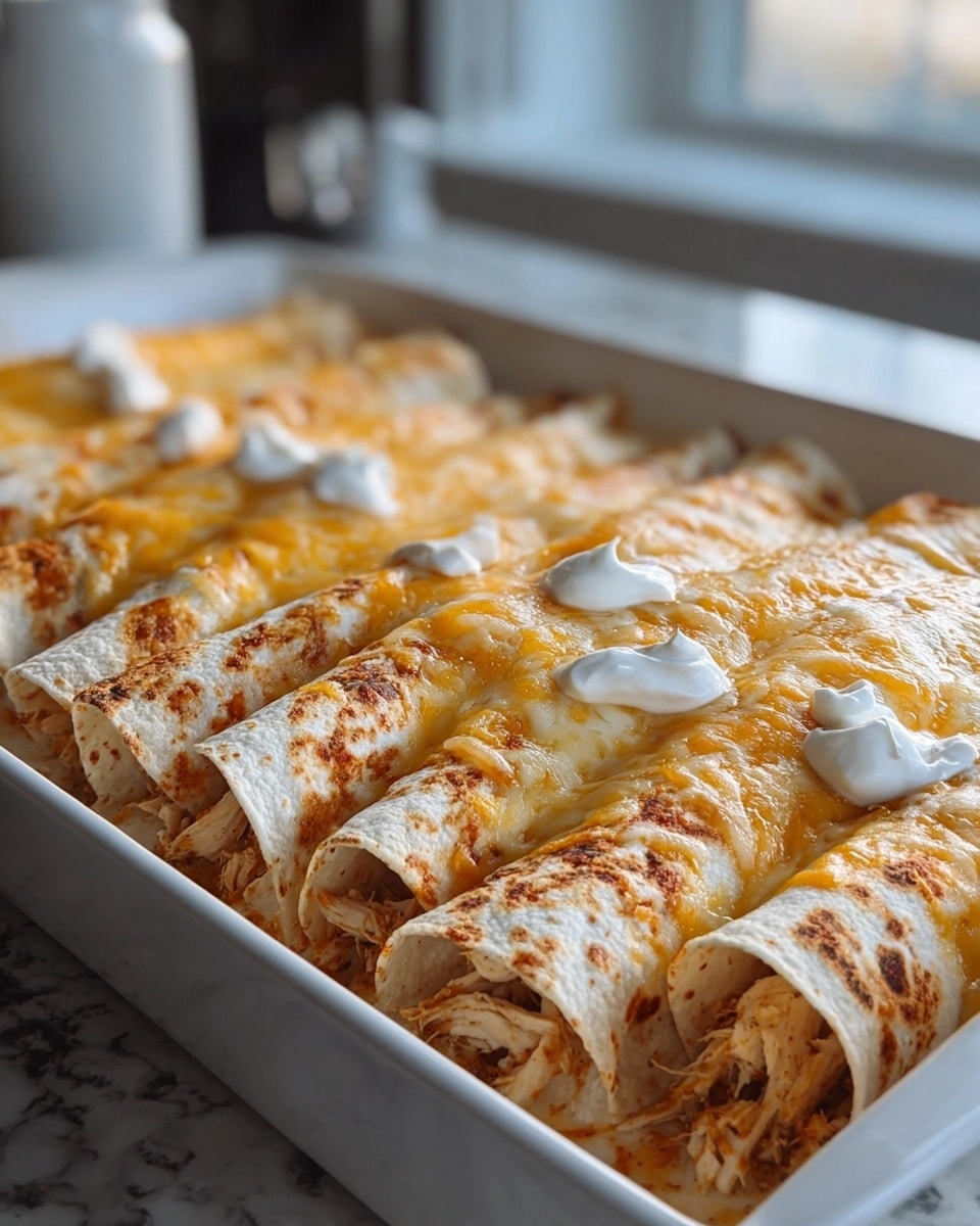 A white rectangular dish holds a row of six rolled tortillas filled with shredded, seasoned chicken that is light brown with hints of red spices. The tortillas are lightly toasted and browned in spots, adding a rustic texture. Each roll is topped with a thick layer of melted cheese, mostly yellow-orange cheddar and some white cheese, spread unevenly with some browned bubbly spots. Small dollops of white sour cream are scattered on top, contrasting with the golden cheese. The dish sits on a white marbled surface with a softly blurred kitchen background. Photo taken with an iphone --ar 4:5 --v 7