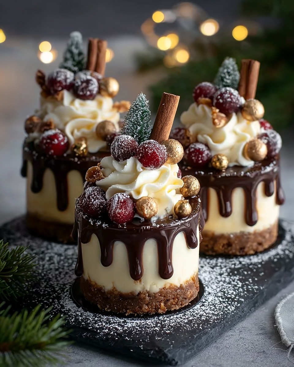 Three small round cakes each have three layers: a bottom layer of brown crumbly crust, a middle smooth cream-colored cheesecake layer, and a top dark brown glossy chocolate drip with drips running down the sides. Each cake is topped with a big swirl of white cream, decorated with red berries, shiny gold balls, and small gold nuts. There are two cinnamon sticks and a small green pine tree decoration on each cake. The cakes are on a dark slate board sprinkled with white powdered sugar, set against a soft background with glowing round lights and green pine branches. photo taken with an iphone --ar 4:5 --v 7