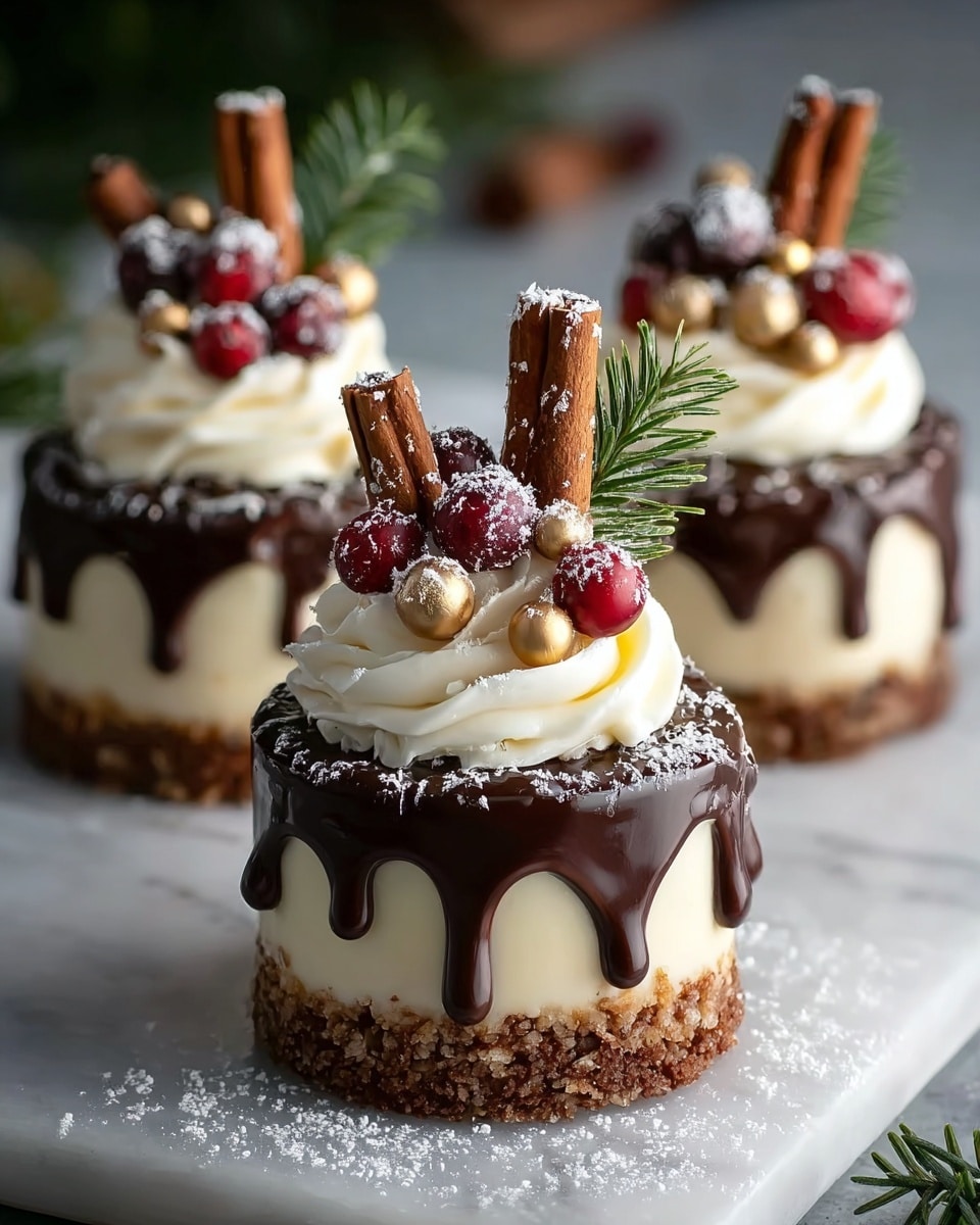 Three small round cakes sit on a white marbled surface dusted lightly with powdered sugar. Each cake has a bottom layer of light brown crumbly base, followed by a thick smooth cream-colored middle layer. On top, dark chocolate drips down the sides in an uneven pattern. At the highest point is a large swirl of white whipped cream, decorated with shiny red berries, small gold balls, and two cinnamon sticks standing upright. A small green pine sprig is tucked behind the cinnamon sticks, giving a festive feel. Photo taken with an iphone --ar 4:5 --v 7