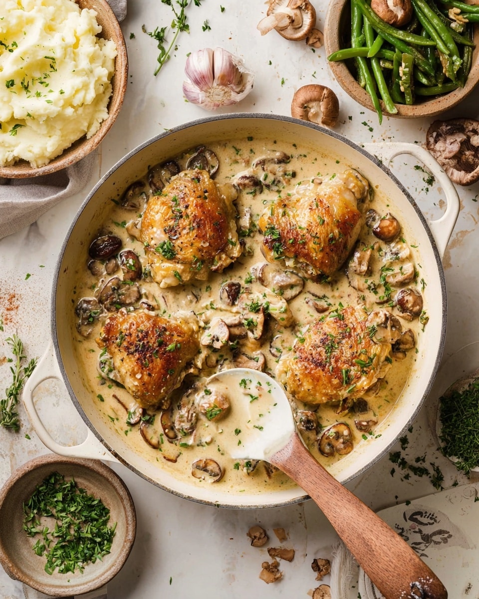 The image shows a white pan filled with five browned chicken thighs laid on a creamy sauce with pieces of mushrooms and herbs sprinkled on top. A wooden spoon with a cream-covered head is resting in the pan, partially scooping the sauce. Around the pan, there are bowls of mashed potatoes and green beans, a small dish filled with chopped parsley, and some scattered crumbs and herbs on a white marbled surface. The scene is bright and inviting with soft natural light. Photo taken with an iphone --ar 4:5 --v 7