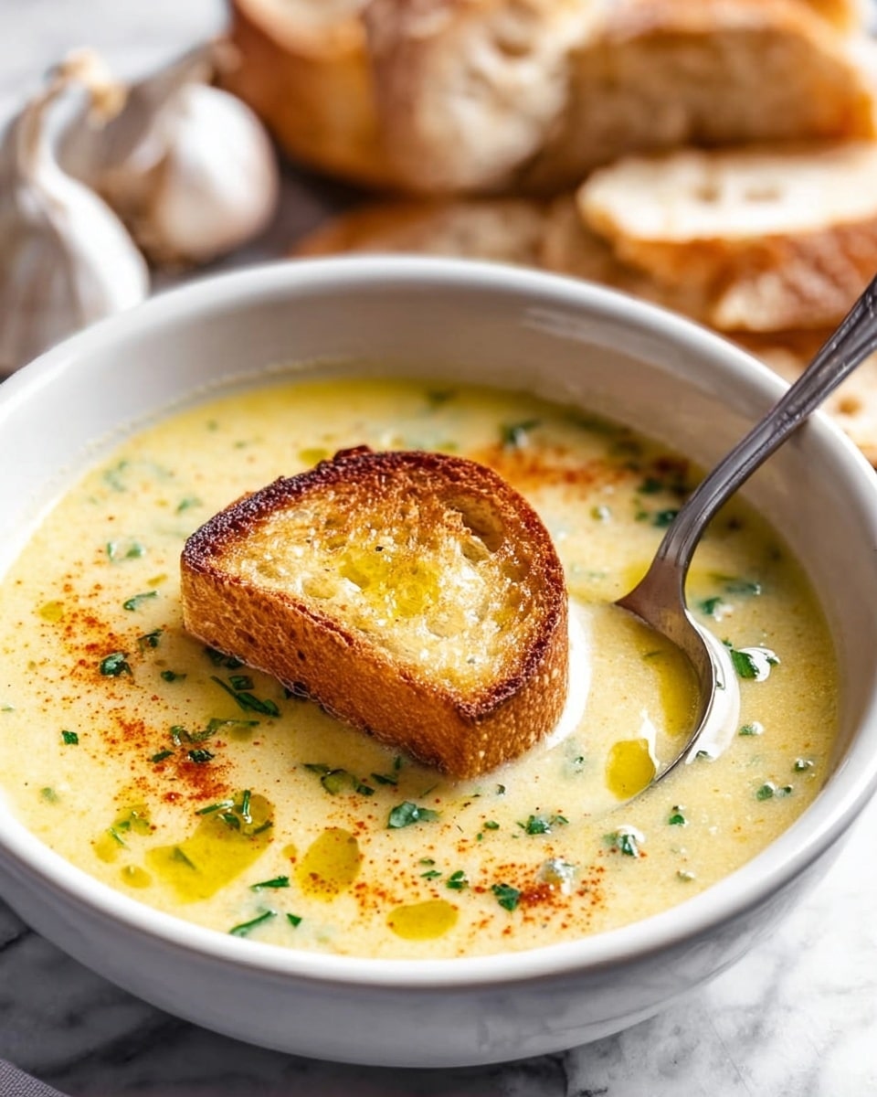 A white bowl filled with creamy light yellow soup, topped with a single piece of golden brown toasted bread that floats in the center. There are small green herb bits sprinkled on the surface, along with a few drops of olive oil and a light dusting of red spice powder around the bread. A silver spoon rests inside the bowl, and in the background, there are slices of crusty white bread and two garlic bulbs on a white marbled surface. photo taken with an iphone --ar 4:5 --v 7