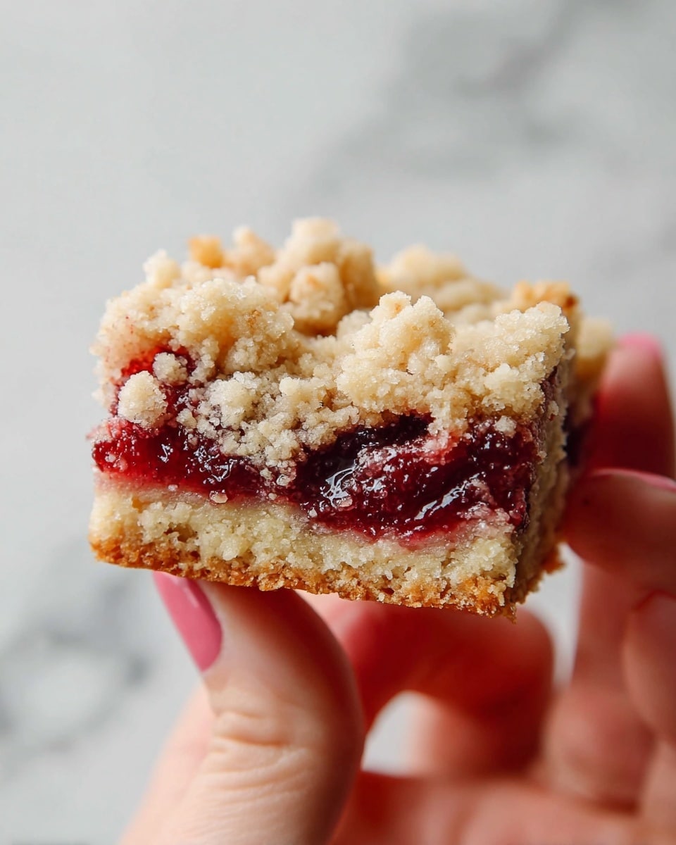 The image shows six square cherry crumb bars arranged on a white marbled surface. Each bar has three visible layers: a bottom golden crumb crust, a thick middle layer of dark red cherry filling that looks juicy and slightly glossy, and a top layer of golden crumb streusel with a slightly rough texture. The crumb topping is unevenly spread, giving a rustic look. Around the bars, there are also a few whole fresh cherries with dark red skin and green stems. Some small crumbs and bits of cherry filling are scattered on the surface near the bars. photo taken with an iphone --ar 4:5 --v 7