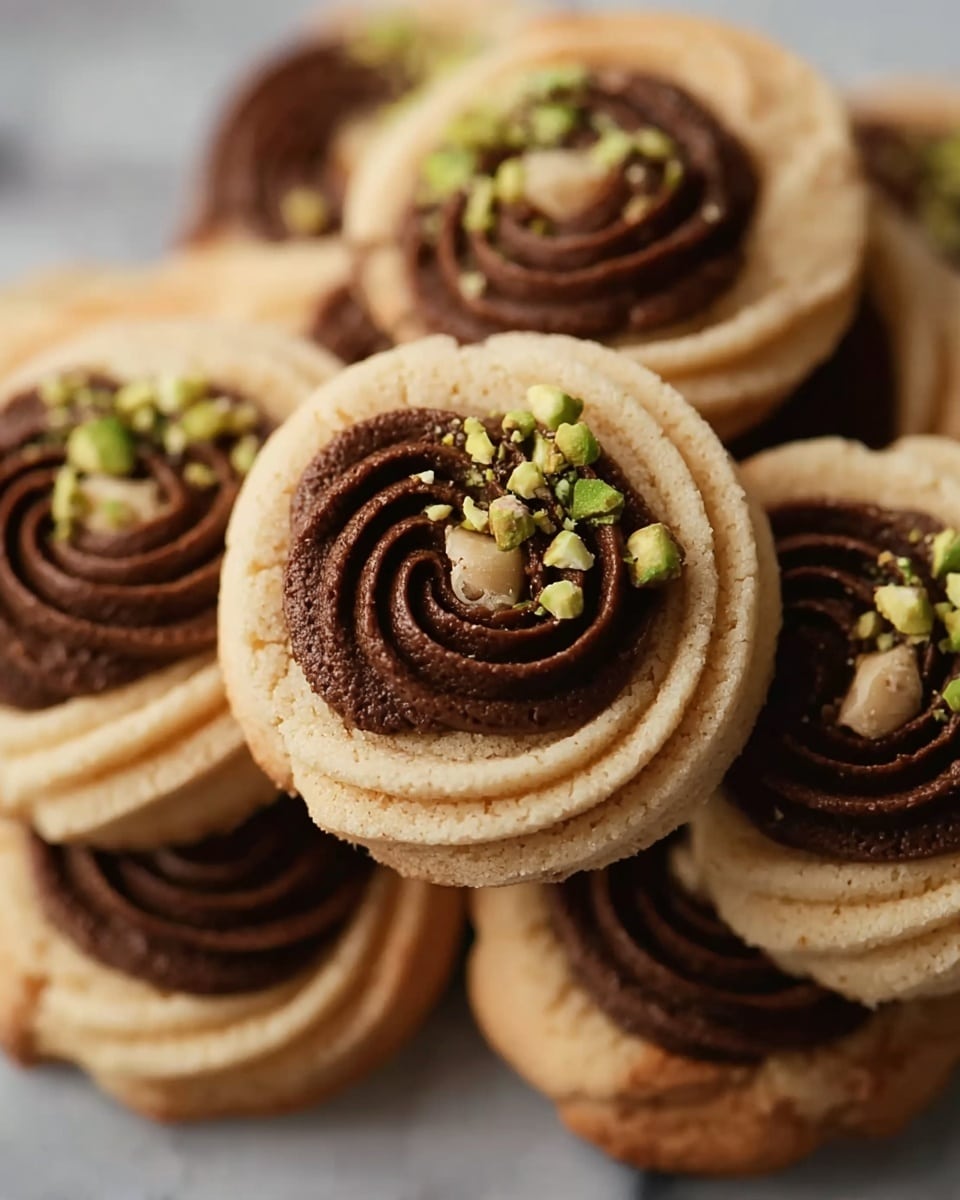 The image shows a close-up of swirled cookies stacked together. Each cookie has two main layers: one is a light tan colored dough with a ridged, soft texture formed in a circular swirl, and the other is a dark brown creamy chocolate swirl sitting inside the tan dough swirl. Small green and light brown nut pieces are sprinkled on top of the chocolate part, adding a bit of texture and color contrast. The cookies are placed closely on a white marbled surface, showing the details of the layers and toppings very clearly. photo taken with an iphone --ar 4:5 --v 7