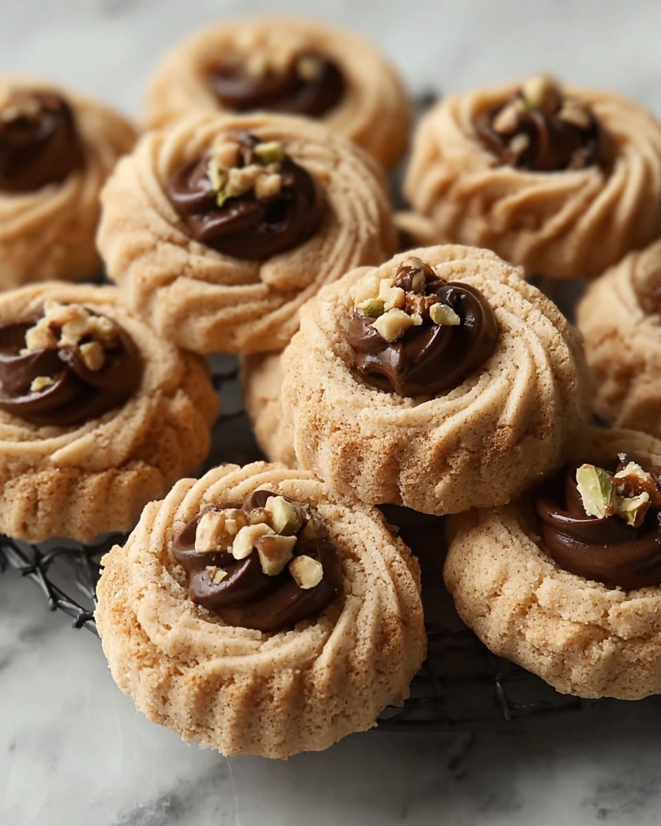 A group of small round cookies is arranged closely together on a white marbled surface, each cookie has a swirled pattern with a light brown, crumbly texture. In the center of each swirl, there is a dollop of dark chocolate cream topped with small chopped nut pieces, adding a bit of crunch and a mix of dark and light colors. The cookies are placed on a black wire rack that contrasts with the white marbled background. photo taken with an iphone --ar 4:5 --v 7