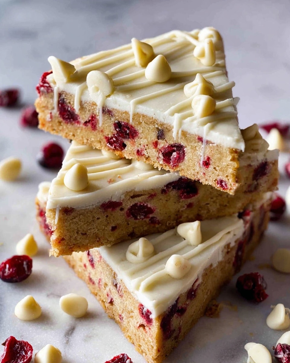 The image shows three triangular blondie bars stacked on a white marbled surface. Each blondie has a thick base layer that is light brown with visible red dried cranberry pieces embedded throughout. On top of the base is a creamy white frosting layer that covers the whole surface smoothly. The frosting is decorated with thin white lines drizzled across and scattered with whole white chocolate chips and more dried cranberries, creating a textured and colorful topping. Some scattered cranberries and chips lie around the bars on the surface, enhancing the homemade look. photo taken with an iphone --ar 4:5 --v 7
