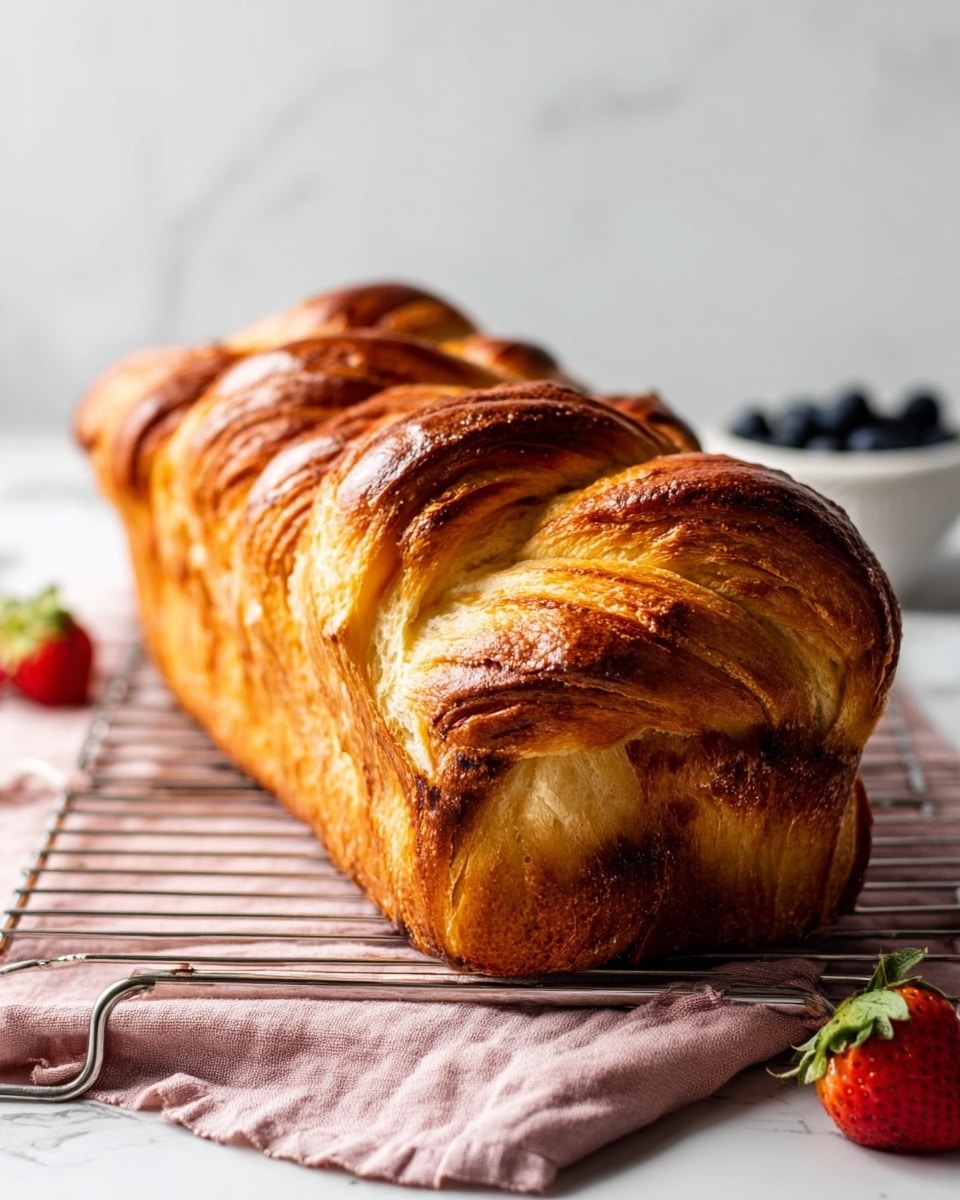 A golden brown loaf of braided bread with many visible layers of flaky dough sits on a metal cooling rack. The bread has a shiny, crisp crust with some darker, toasted spots, showing the texture of the twisted layers all around. The rack rests on a folded pink cloth placed on a white marbled surface. In the background to the right, a small white bowl filled with blueberries is slightly blurred, while on the left, two fresh strawberries with green leaves are partly visible on the surface. The overall scene is bright with a soft light and clean, simple styling. photo taken with an iphone --ar 4:5 --v 7
