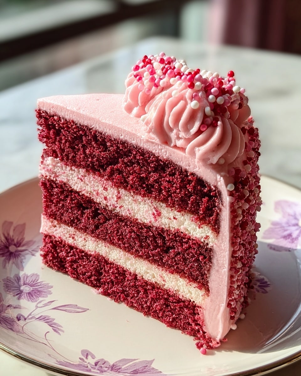 A slice of red velvet cake stands on a white plate with faint purple flower patterns. The cake has three thick layers of deep red, crumbly sponge, each separated by two thick layers of smooth, pale pink frosting. The entire slice is coated with the same pale pink frosting, which is creamy and soft in texture. On top, there is a swirl of piped pink frosting, decorated with small white and red spherical sprinkles, adding a delicate texture contrast. The scene is set against a softly blurred white marbled background lighted warmly by natural light. photo taken with an iphone --ar 4:5 --v 7